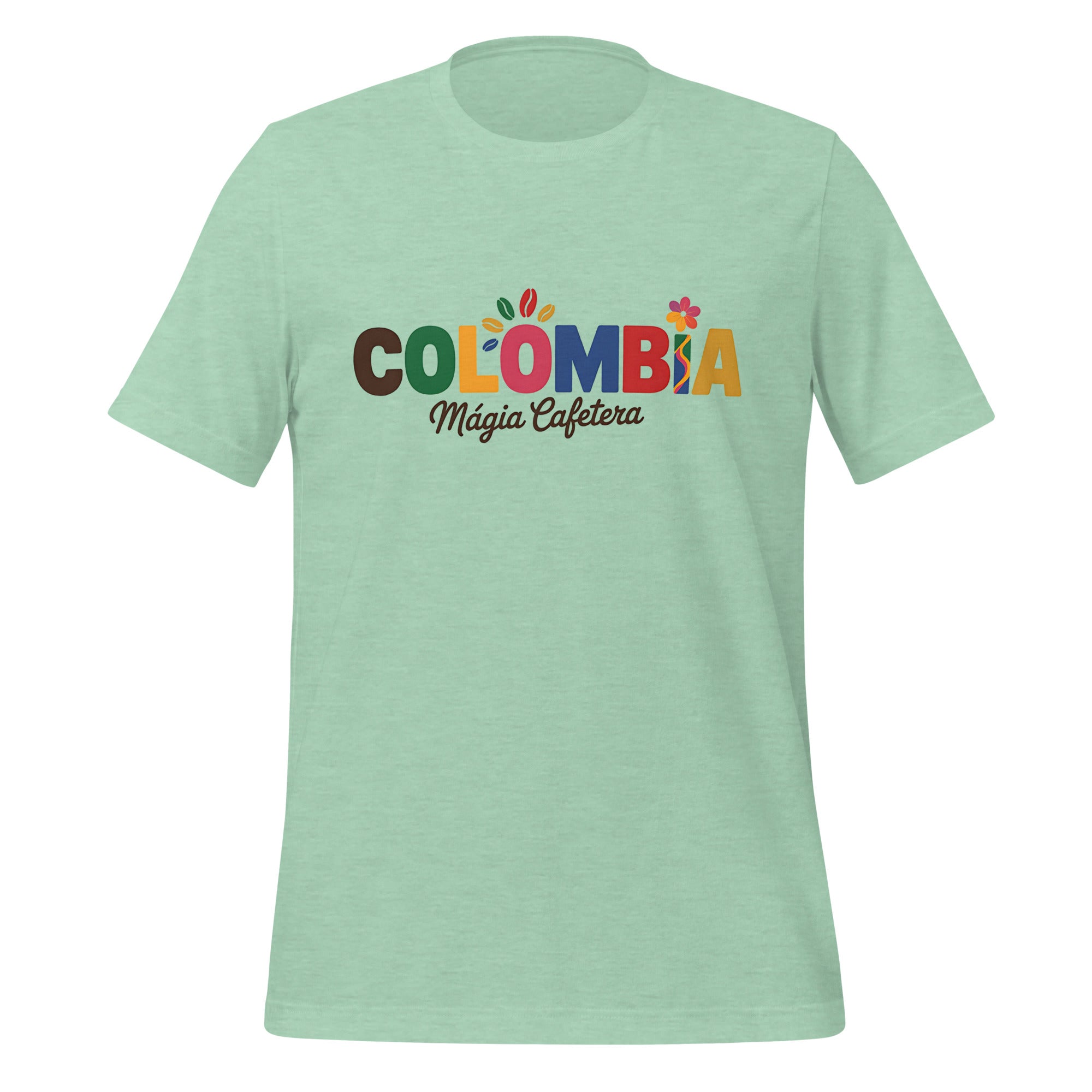 T-shirt con diseño colorido del país Colombia con texto “Colombia – Magia Cafetera”.